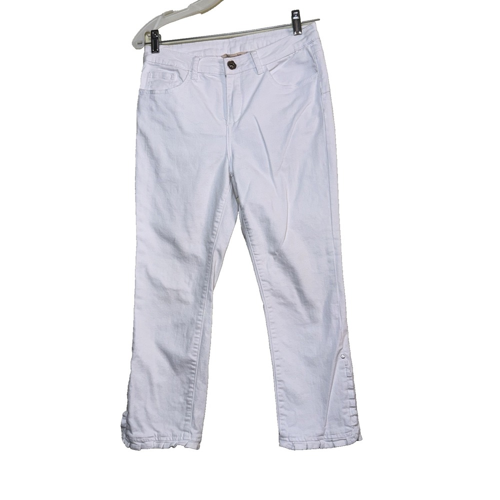 Soft Surroundings White Pants 6P Crop Arabella‎ Ruffle Hem Stretch Cotton Jeans